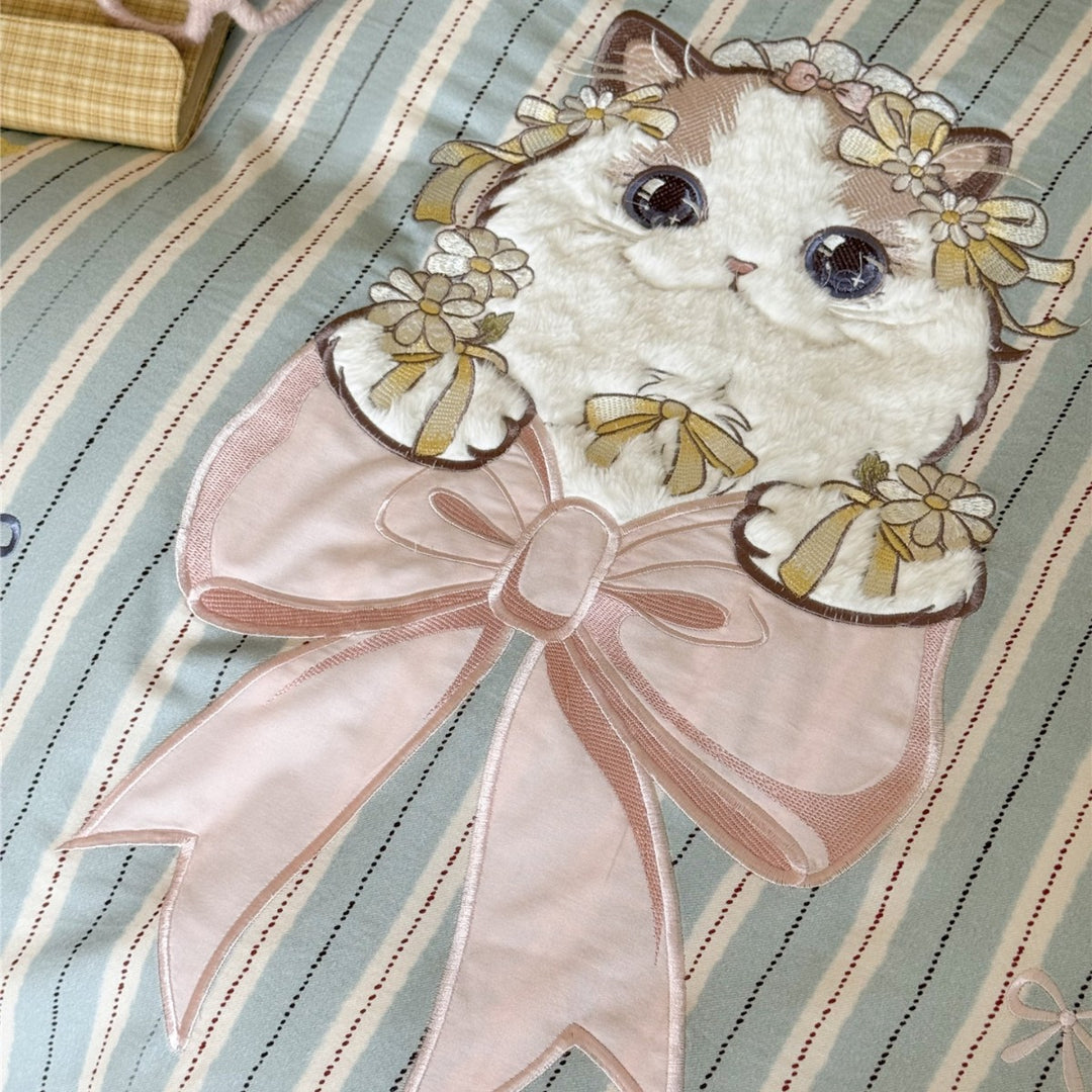 Striped Cotton Duvet Cover Set with 3D Plush Cat Appliqué & Bow Embroidery