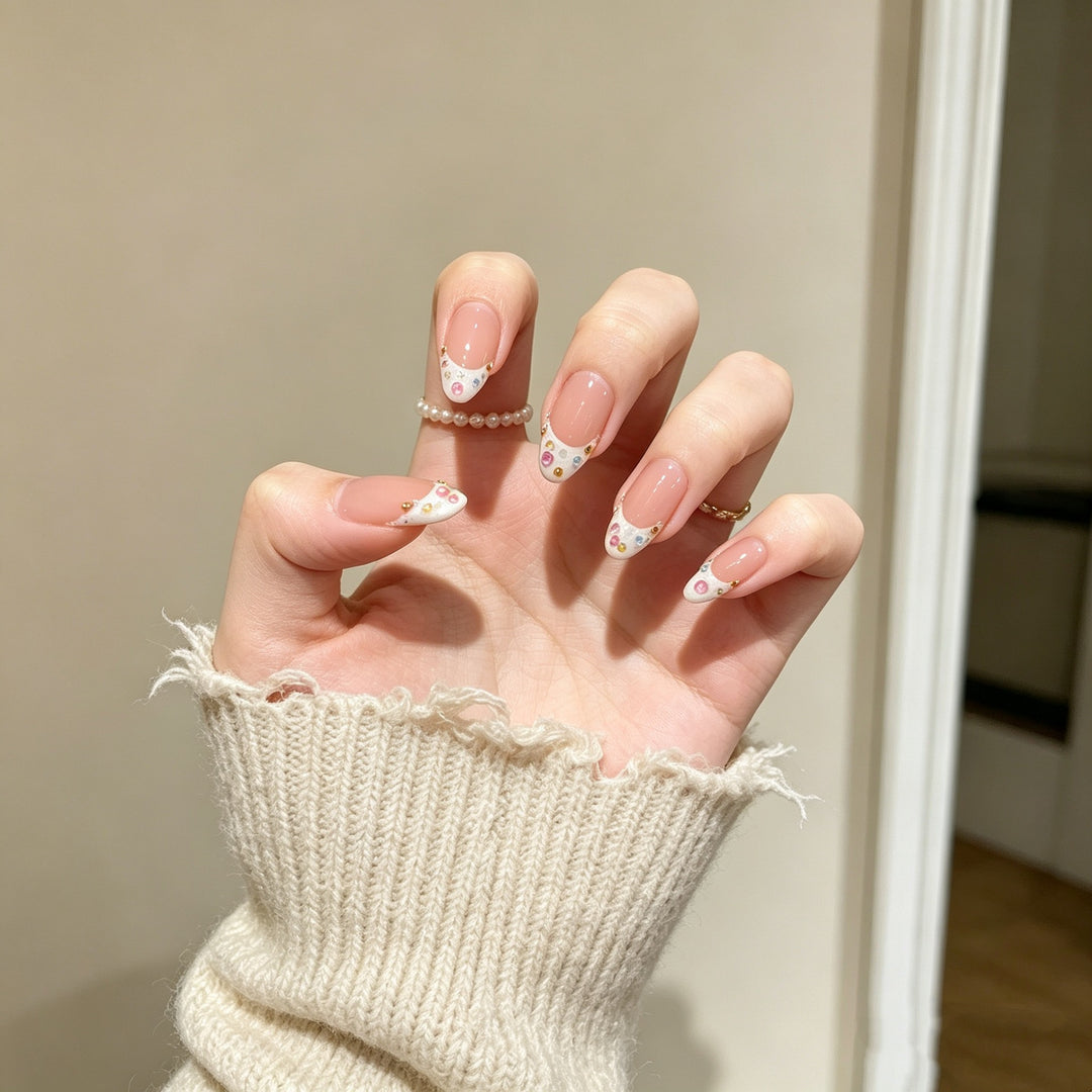 Decorative Press-On Nail Set with Unique French Tip Design