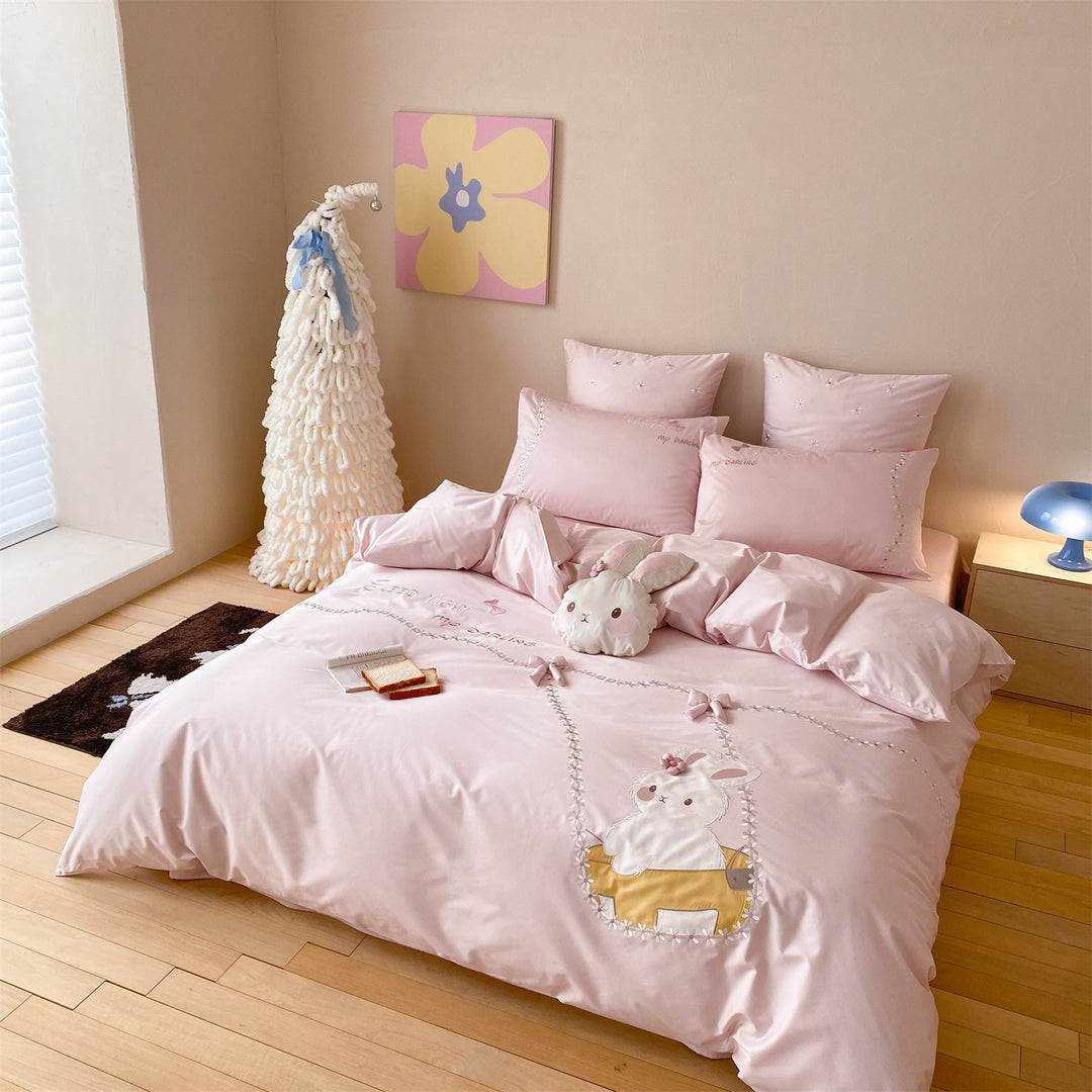 Bunny Appliqué Cotton Sateen Duvet Cover Set with Embroidered Floral Trails & Decorative Sham