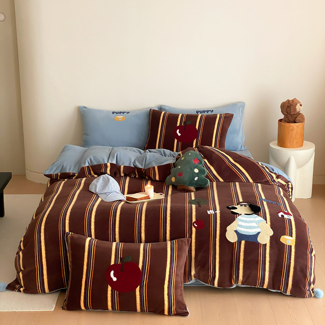 Plush Embroidered Velvet-Feel Duvet Cover Set with Cartoon Dog Appliqué