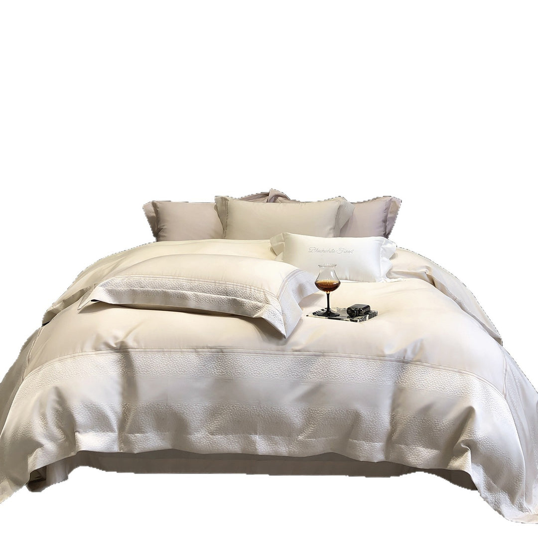 Premium cotton satin bedding set with structured matelassé border and hotel closure