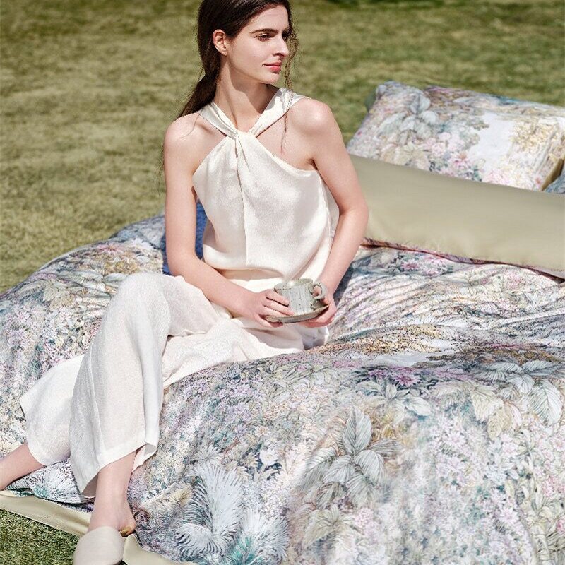 Botanical Lemon Cotton-Sateen Duvet Cover Set with Scalloped Hem