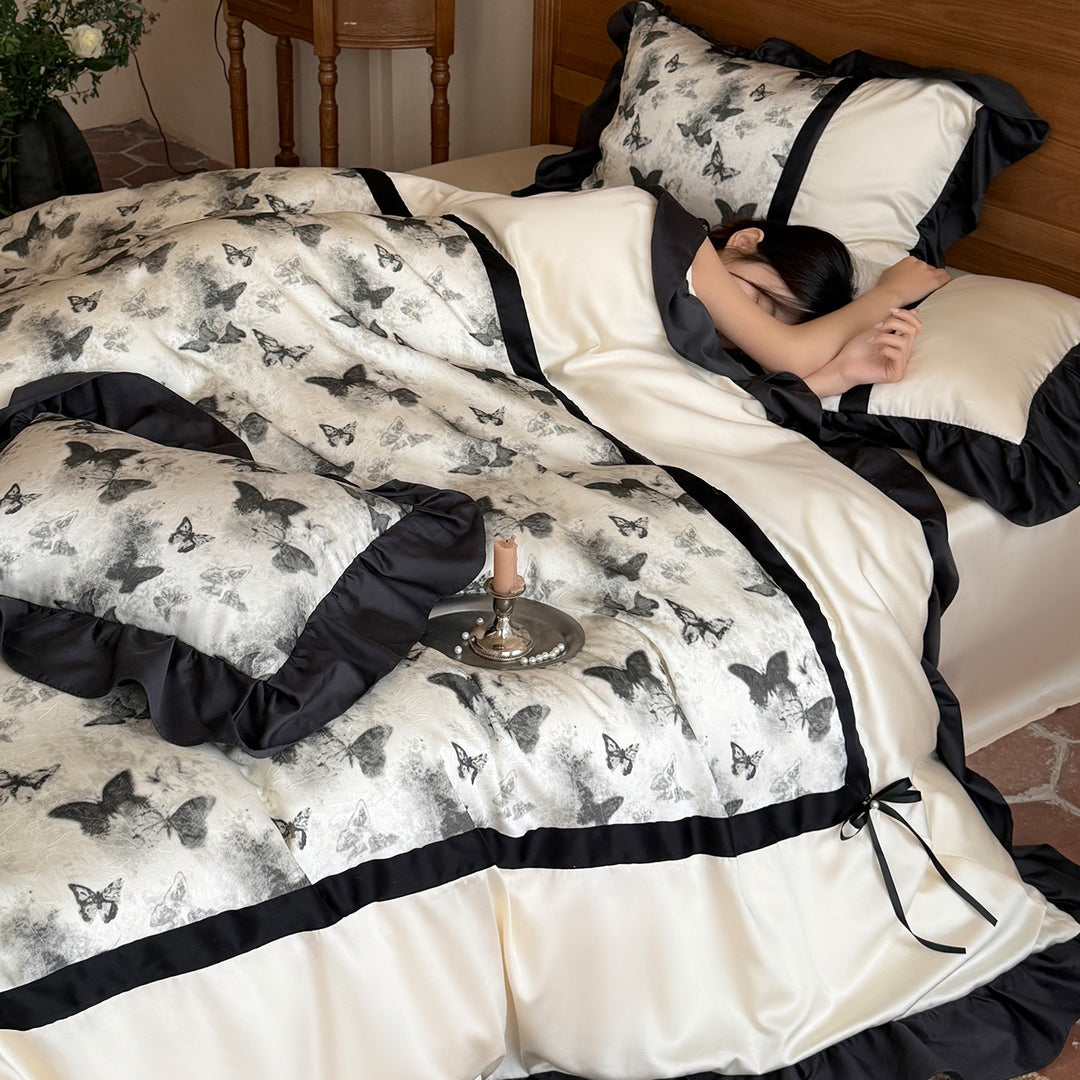 Butterfly-Illustration Ruffled Duvet Cover Set with Satin Ribbon Ties & Frilled Shams