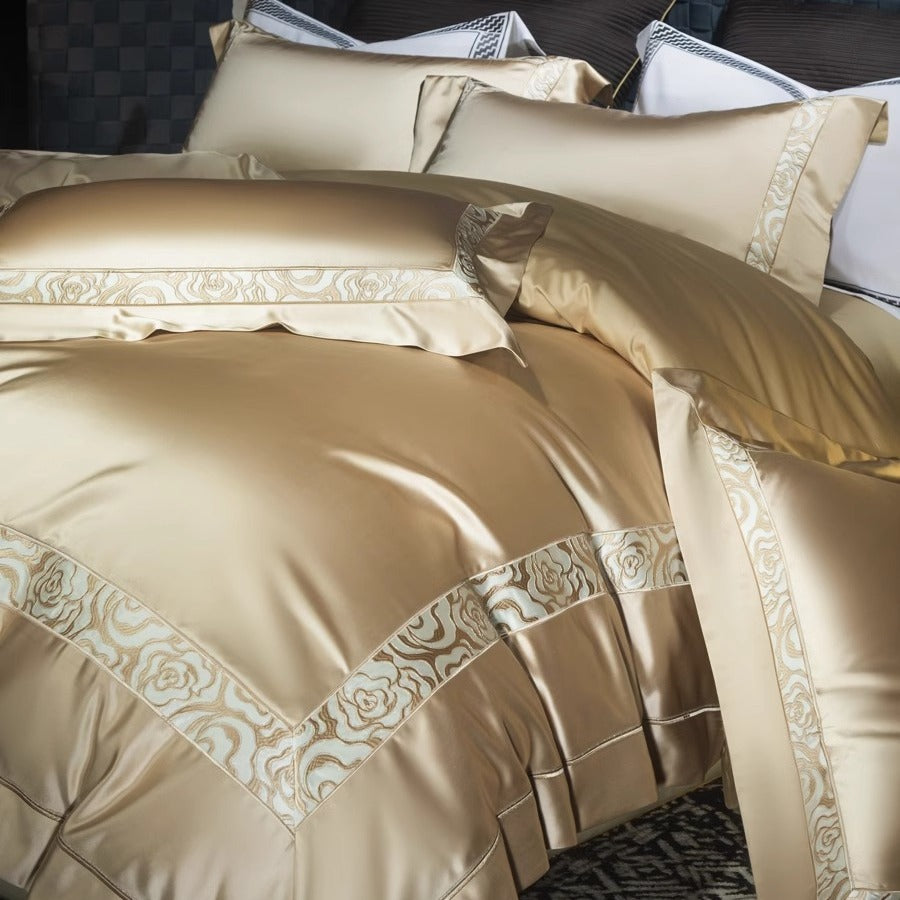 Luxury Satin Duvet Cover Set with Floral Jacquard Border