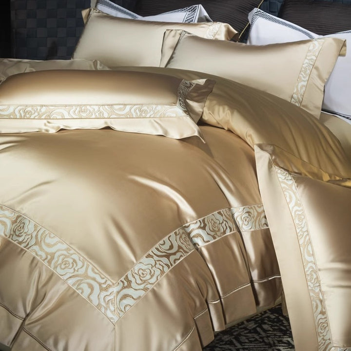 Luxury Satin Duvet Cover Set with Floral Jacquard Border