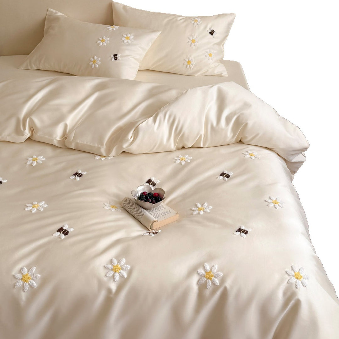 Hand-Embroidered Daisy and Bee Satin-Sateen Duvet Cover Set