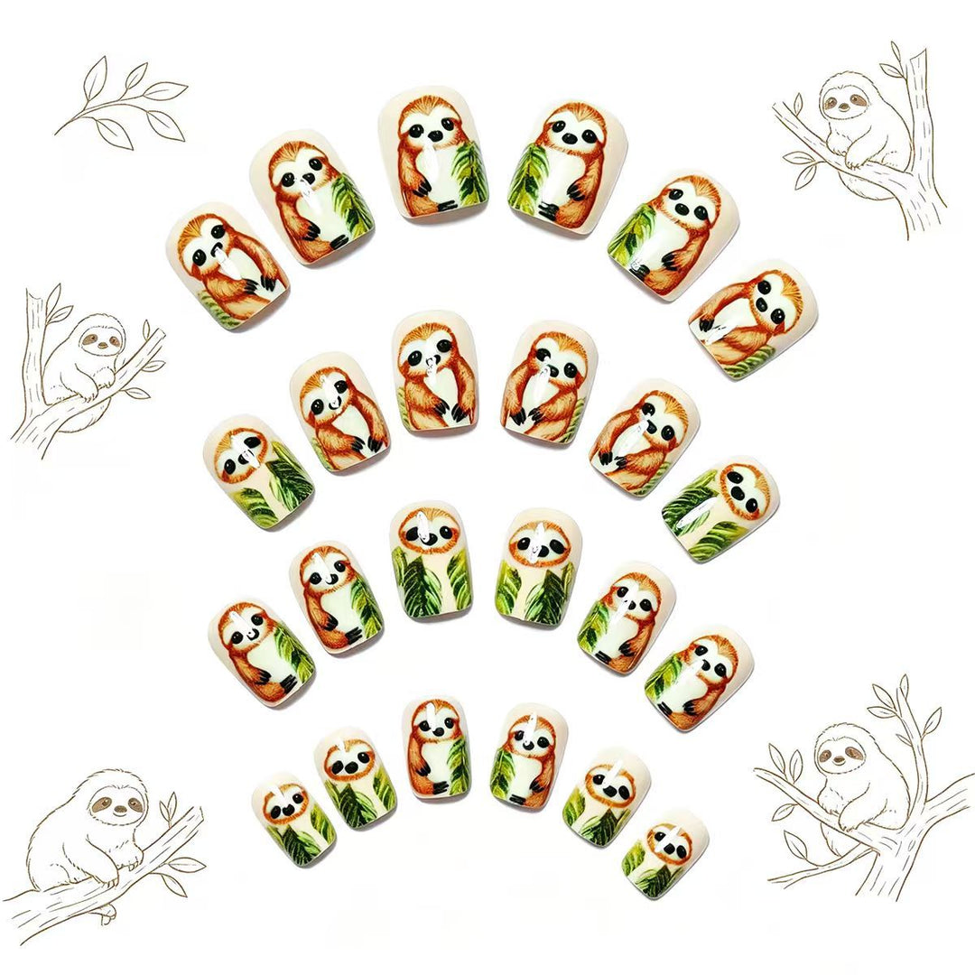 Art nails with cute sloth and leaf design Stornfield