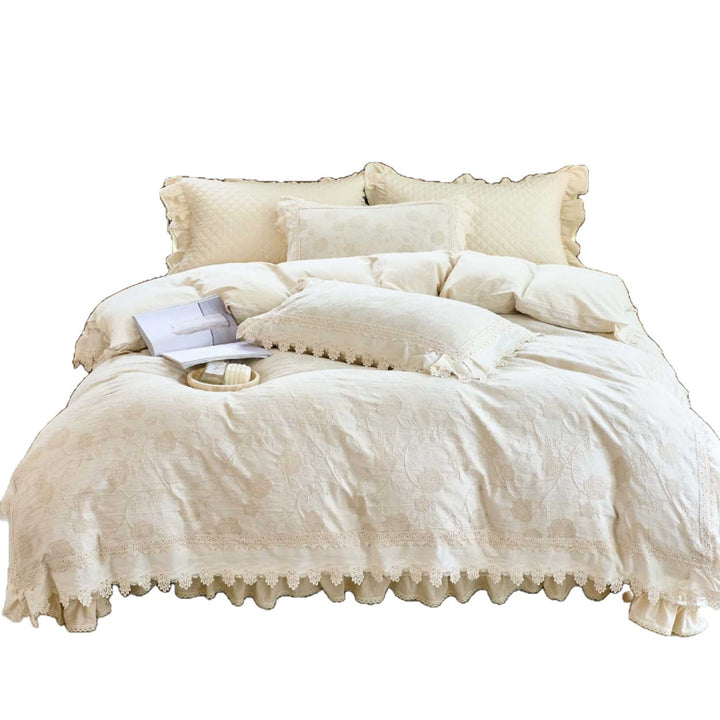 Cottage-Style Embroidered Cotton Duvet Cover Set with Crochet Lace Trim & Ruffle Bedskirt