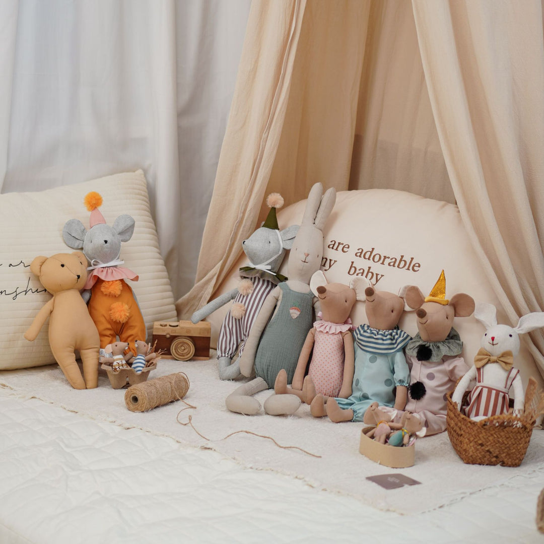 Soft Linen Long Leg Bunny Plush Doll with Embroidered Romper