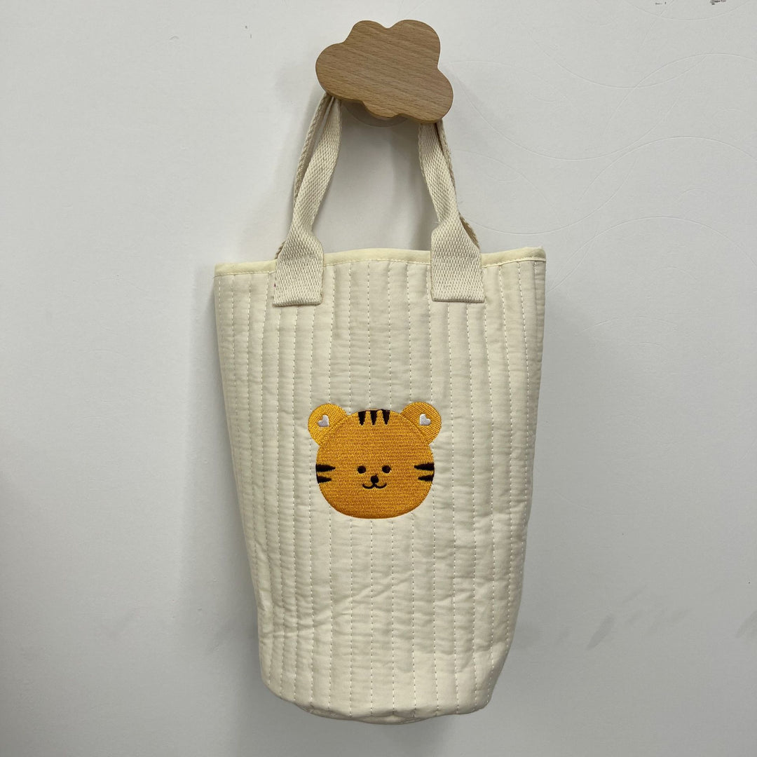 Quilted Cotton Tote Bag with Embroidered Tiger Applique and Reinforced Webbing Handles