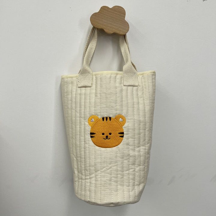 Quilted Cotton Tote Bag with Embroidered Tiger Applique and Reinforced Webbing Handles