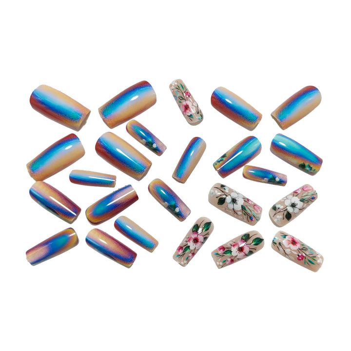 Artificial nails with elegant floral designs and holographic effect Stornfield