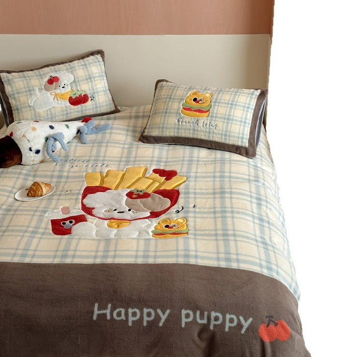 Cozy quilted bedspread with plush appliqués and matching pillowcases