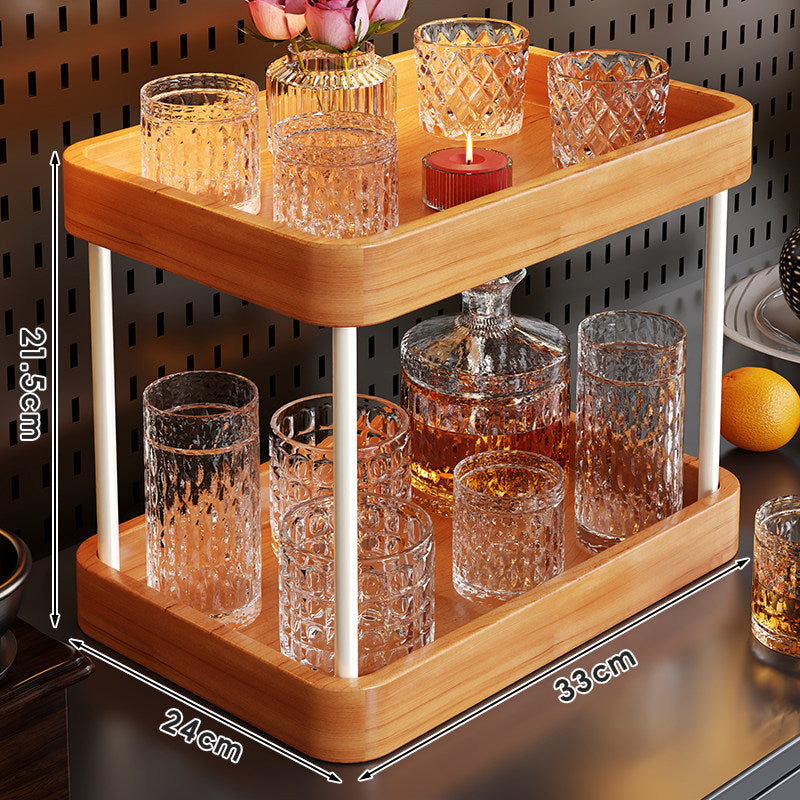 Double-Tier Wooden Cocktail Bar Serving Tray Organizer