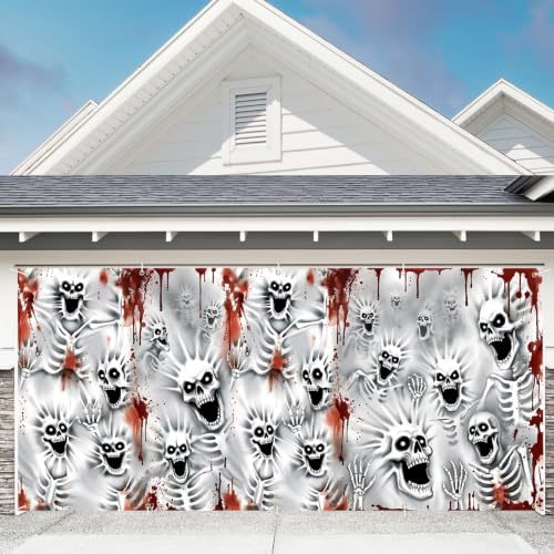 Large-format Halloween photo background made of weatherproof polyester with grommeted fastening edge and bright Haunted House motif