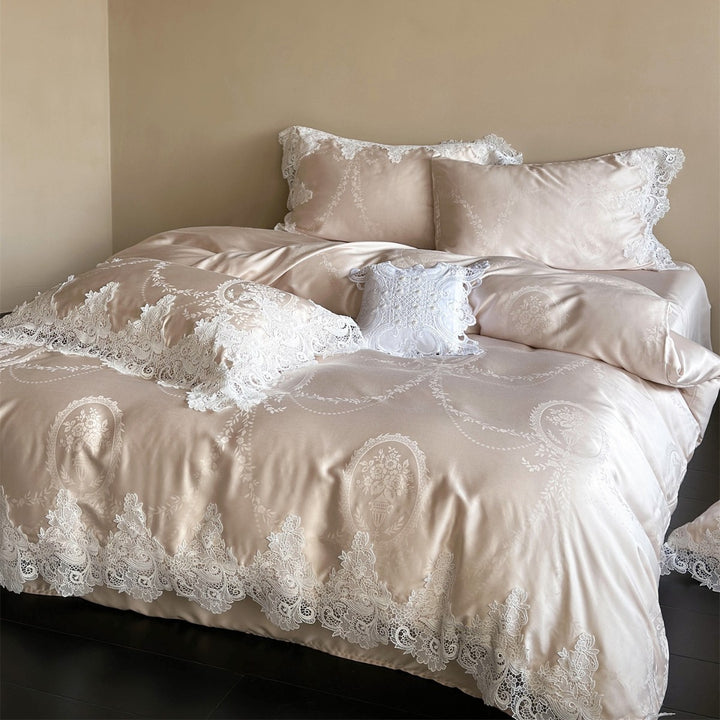 Luxurious Satin Jacquard Duvet Cover Set with Venetian Lace Trim