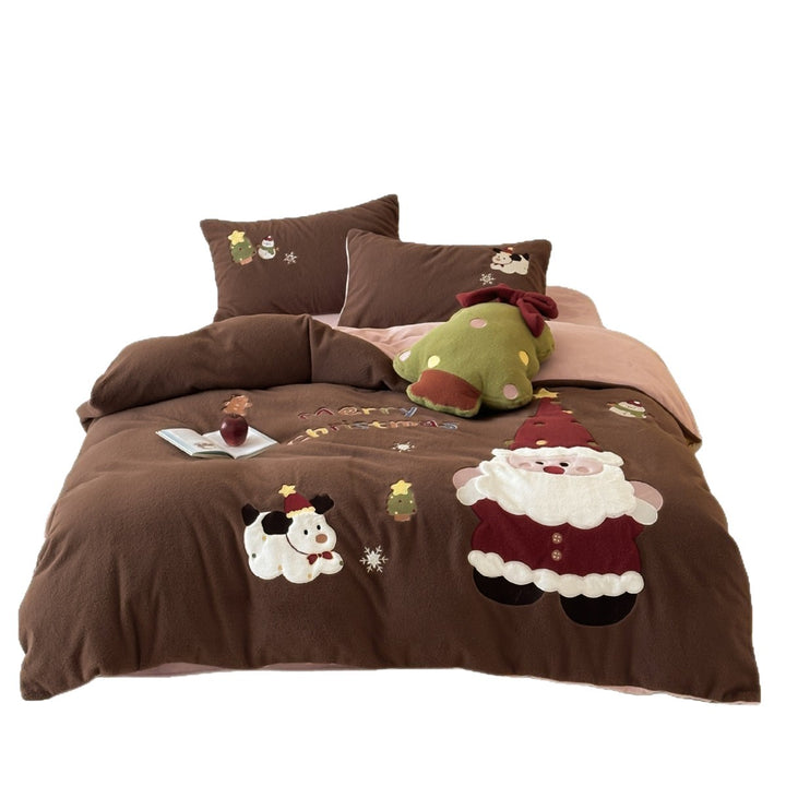 Christmas Plush Appliqué Fleece Duvet Cover Set with Reversible Lining