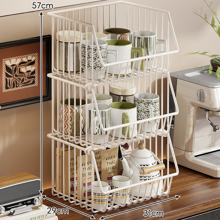 Four-Tier Tall Rolling Wire Pantry and Mug Storage Cart with Deep Slanted Baskets