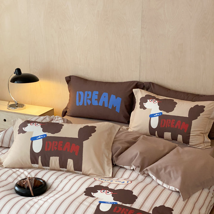 Cotton Duvet Cover and Pillowcase Set with Cartoon Puppy Print