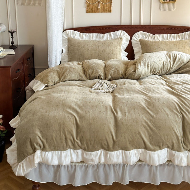 Embroidered Plush Velvet Ruffled Duvet Cover Set with Pleated Skirt