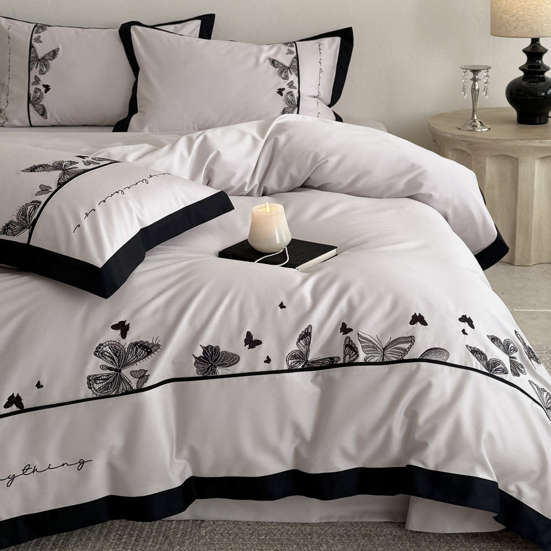 Botanical Butterfly Embroidered Cotton-Sateen Reversible Duvet Cover Set with Contrast Piped Border and Euro Shams