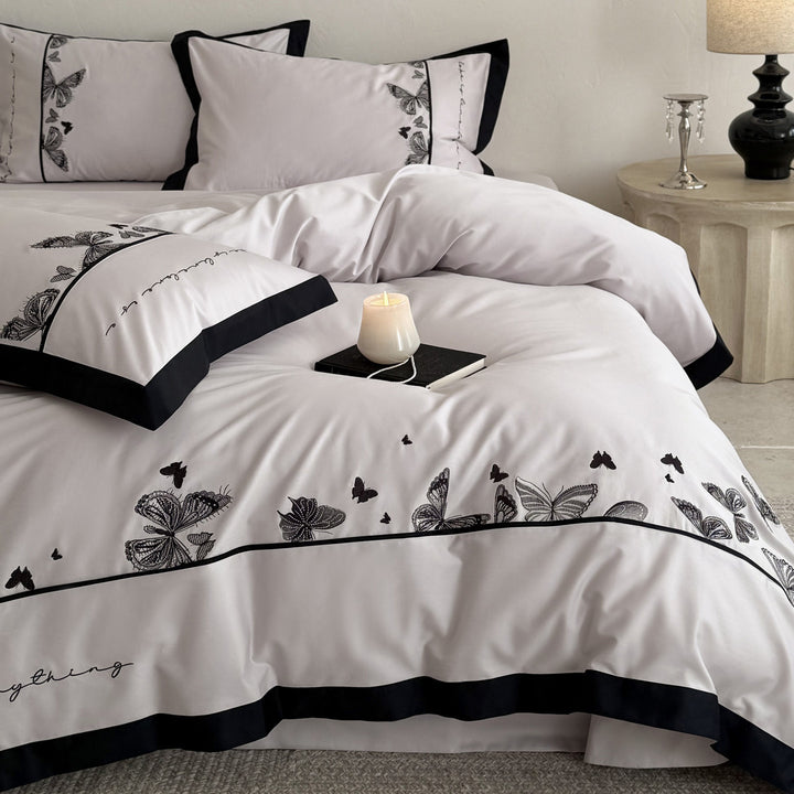 Botanical Butterfly Embroidered Cotton-Sateen Reversible Duvet Cover Set with Contrast Piped Border and Euro Shams