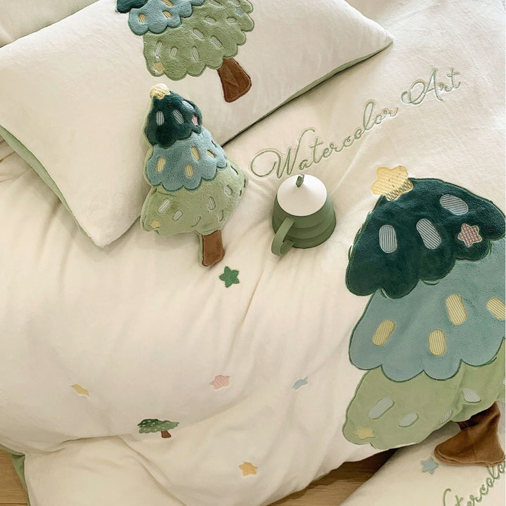 Quilted Embroidered Tree Applique Cotton Duvet Cover Set with Plush Decorative Pillowcases