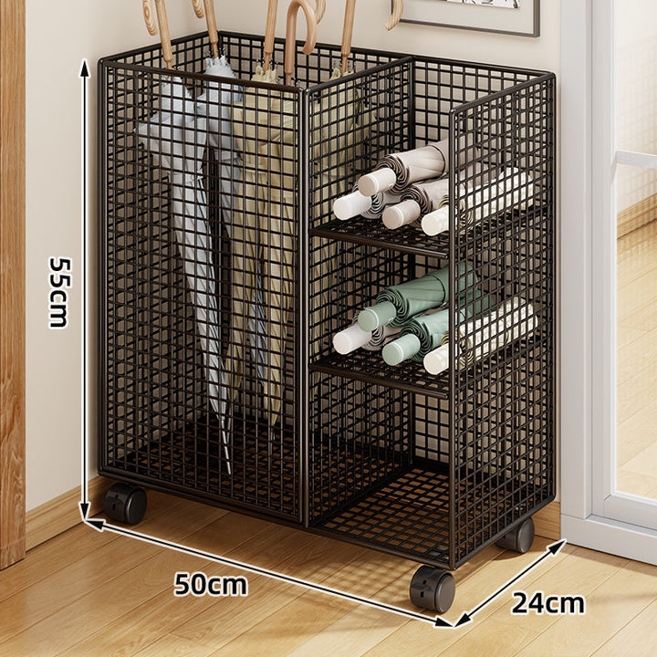 Metal Grid Umbrella and Folded-Umbrella Organizer Stand with Multi-Compartment Shelves
