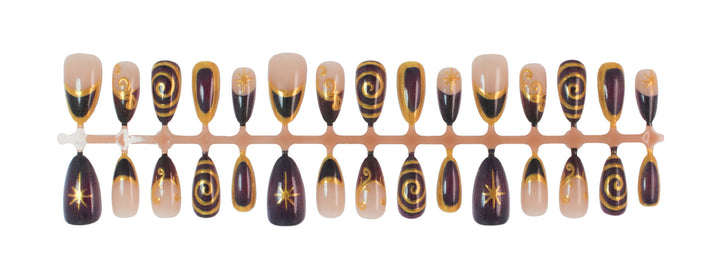 Acrylic nail set with elegant spiral patterns and glamorous golden accents Stornfield