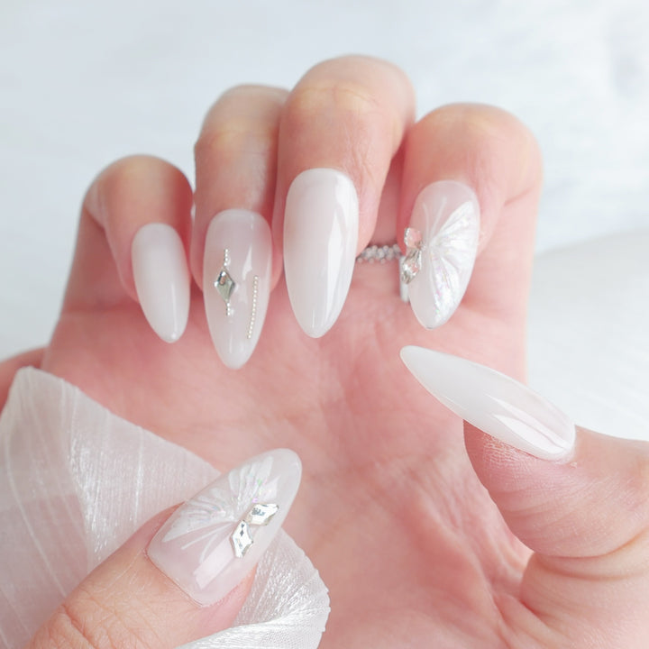 Artistic Press-On Nail Set with Elegant Butterfly and Gem Accents