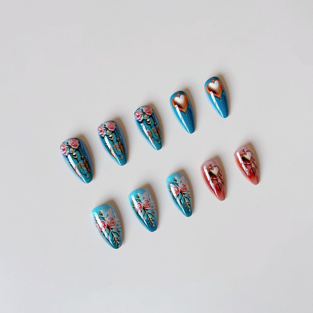 Acrylic nail set with stunning 3D rose and heart decorations Stornfield