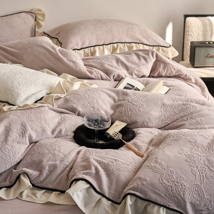 Elegant Damask Jacquard Embossed Ruffled Duvet Cover Set with Contrast Piped Edge & Decorative Shams