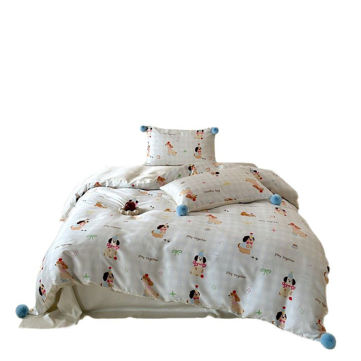 Children's bedding set with cute bunny & strawberry prints, reversible function and pom-pom cushion