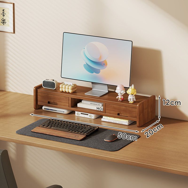 Solid Wood Monitor Riser and Desk Organizer with Dual-Level Shelf and Cable Management