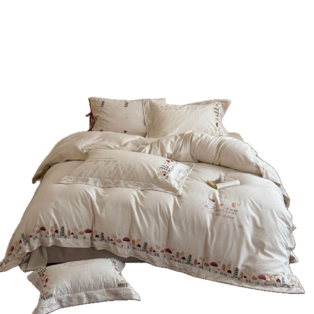 Embroidered Cotton Duvet Cover Bedding Set with Ruffled Edges