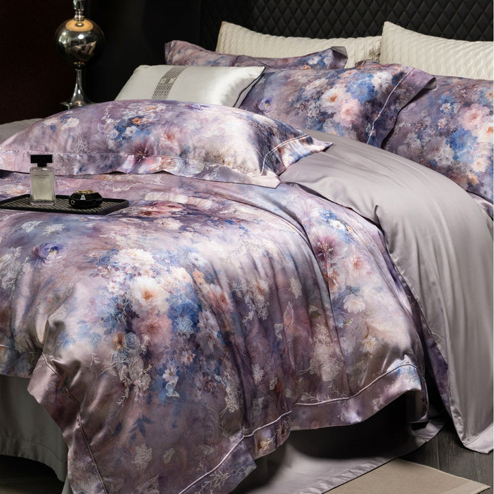 Silky Sateen Floral Duvet Cover Set with Reversible Satin Back and Luxury Pillow Shams