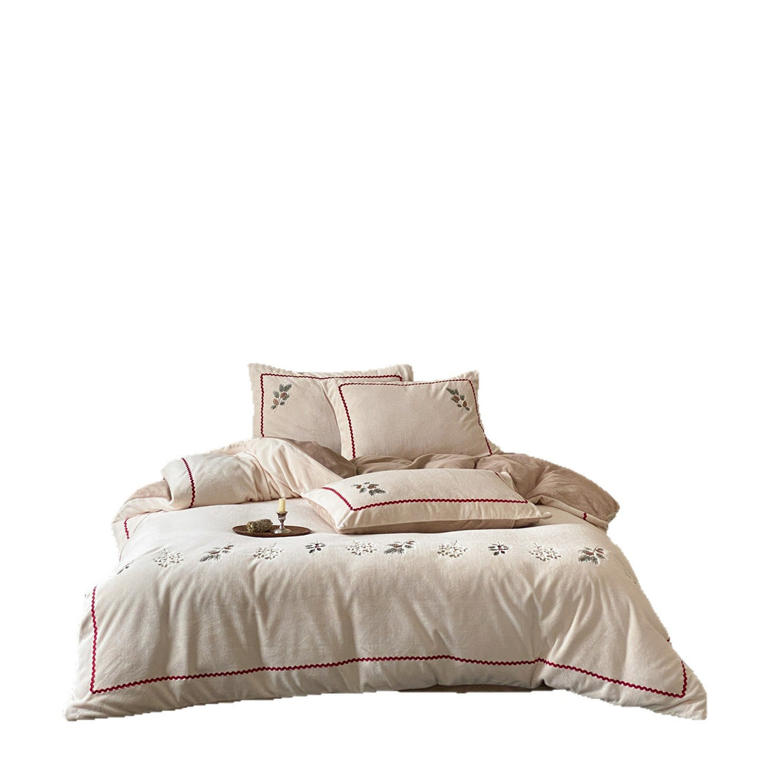 Embroidered Holiday Linen Duvet Cover Set with Decorative Pillow Shams