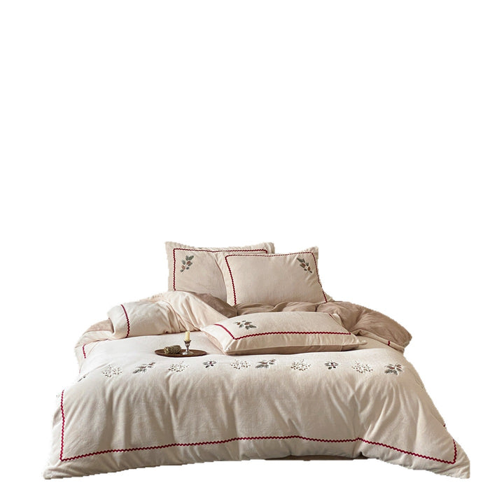 Embroidered Holiday Linen Duvet Cover Set with Decorative Pillow Shams