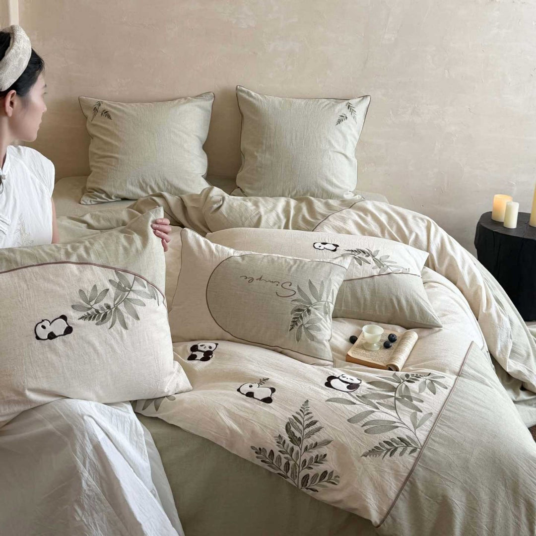 Embroidered Panda & Botanical Cotton-Linen Duvet Cover Set with Envelope Pillow Shams