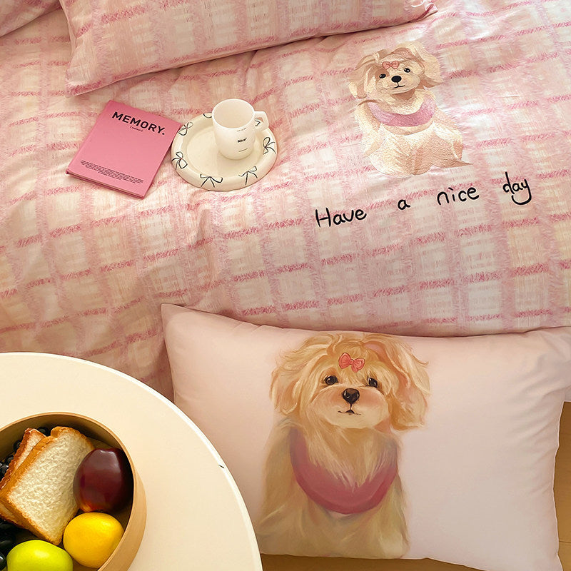 Playful Pink Plaid Cotton Sateen Duvet Cover Set with Cute Dog Print & Reversible Silky Finish