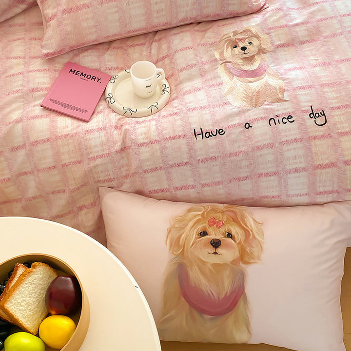Playful Pink Plaid Cotton Sateen Duvet Cover Set with Cute Dog Print & Reversible Silky Finish