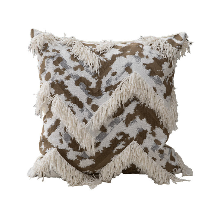 Woven square decorative cushion with fringe application and geometric pattern