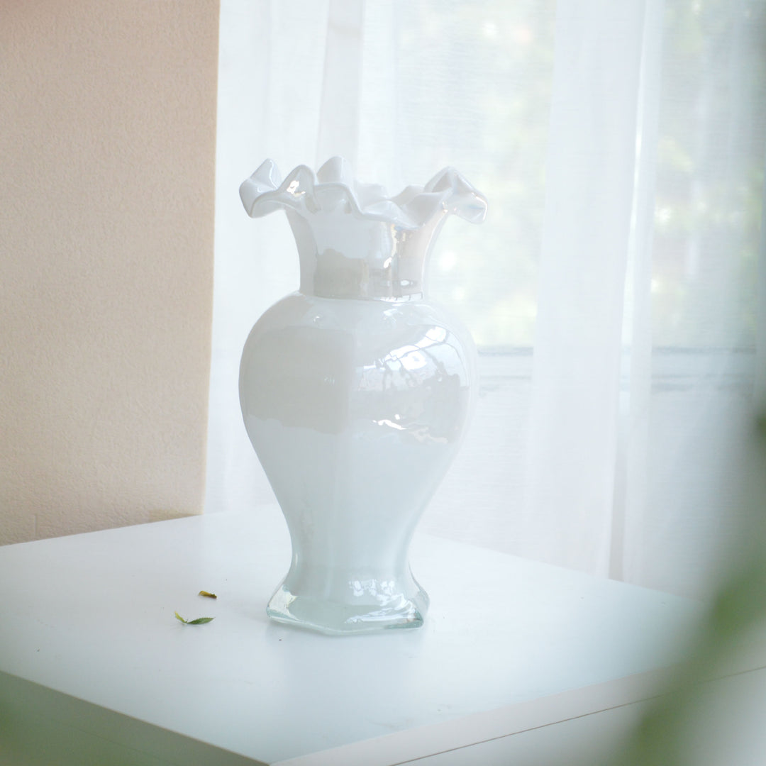 Hand-Blown Ruffled-Rim Art Glass Vase with Ombre Pink Ivory Finish Stornfield