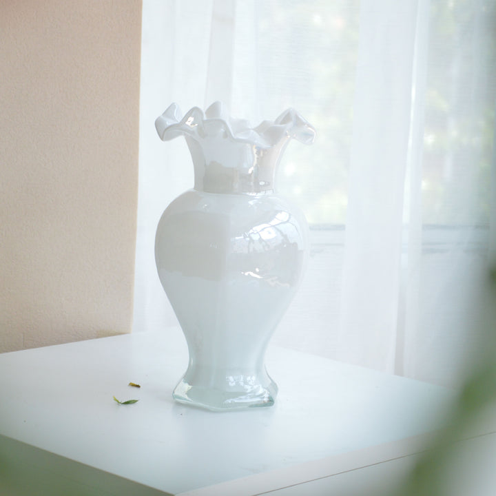 Hand-Blown Ruffled-Rim Art Glass Vase with Ombre Pink Ivory Finish Stornfield