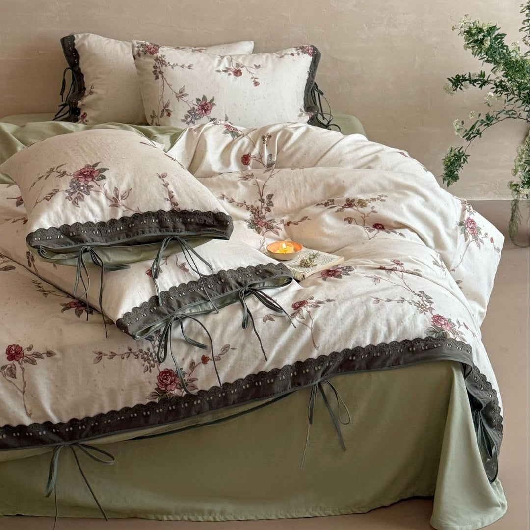 Floral Cotton-Linen Duvet Cover Set with Lace Trim and Ties