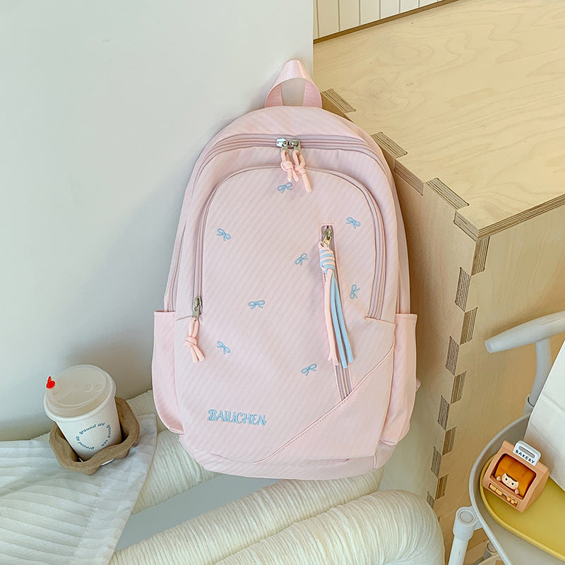 Stylish Embroidered Bow-Accent Casual Backpack Stornfield