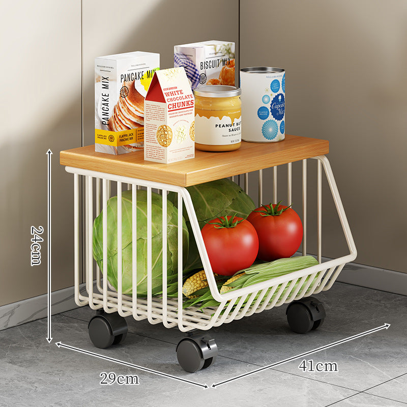 Countertop Wooden-Top Metal Wire Produce Storage Basket with Front-Tilt Access