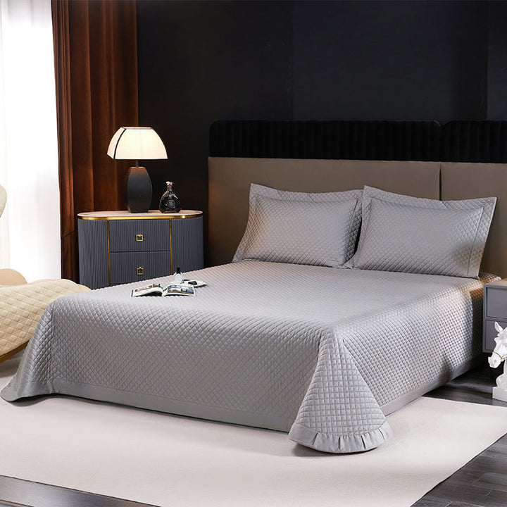 Quilted Diamond Bedspread Set with Ruffled Edge and Matching Pillow Shams