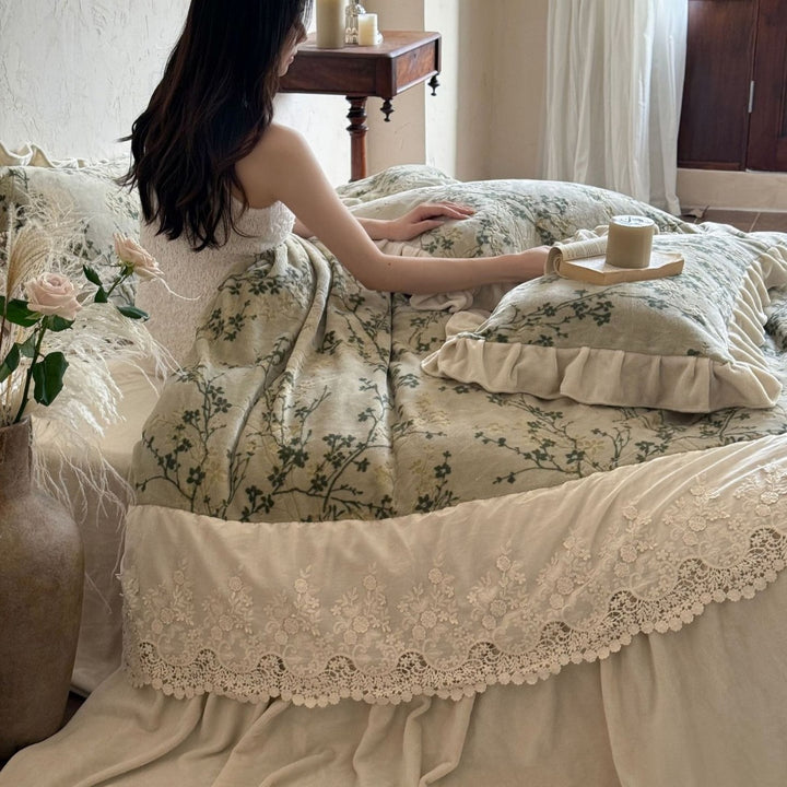 Romantic bedding set with ruffles, lace trim and bed skirt