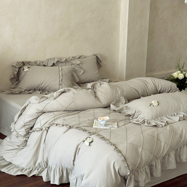 Ruffled Cotton-Linen Duvet Cover Set with Embroidered Rose Appliqué & Pillow Shams